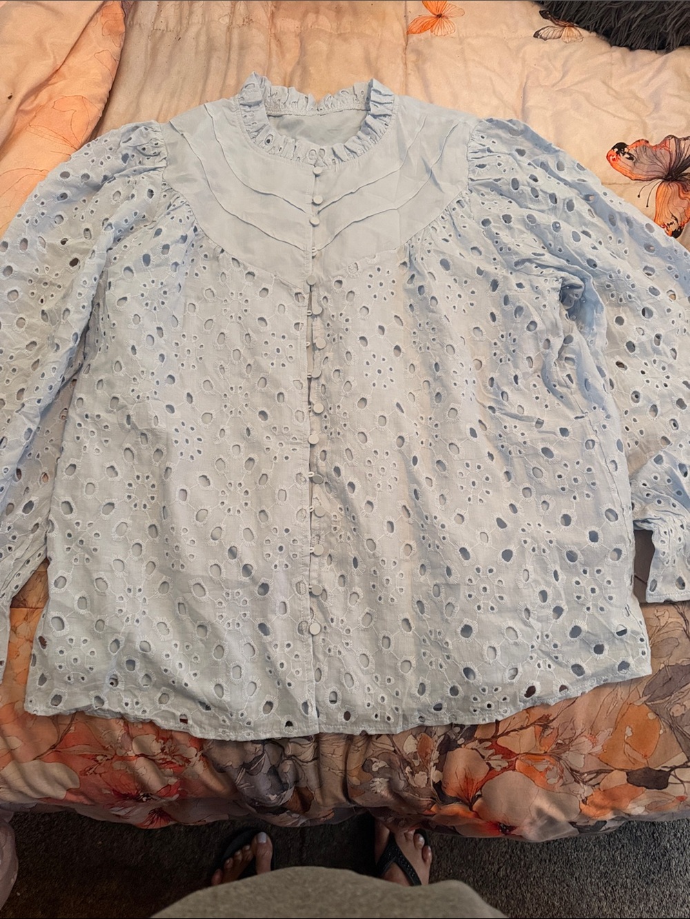 Light Blue Eyelet Puff Sleeve Blouse